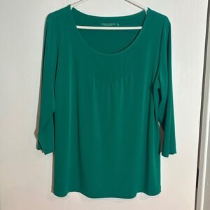 Susan Graver Essentials Women's Green Pleated Neck Top Size L 3/4 Sleeve